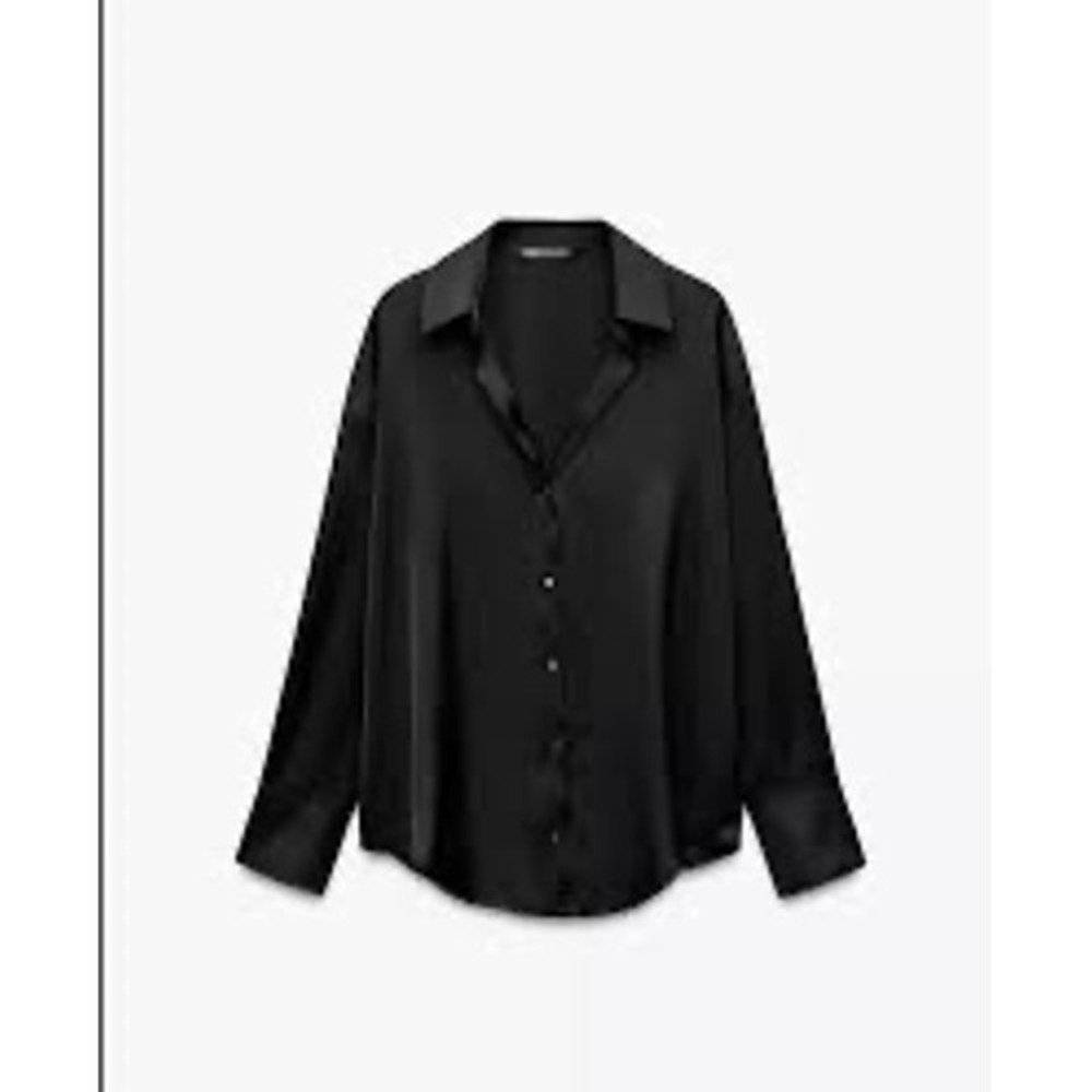 Zara‎ Womens Black Satin Finish Button Down Blouse Shirt Long Sleeve Size M